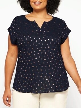 Full Moon Maternity Navy Blue  Gold Polka Dot Sleeveless Blouse Top Size M